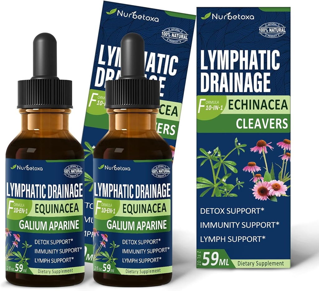 Cleavers Lymphatic Drainage Drops for Lymph Detox Cleanse, Gotas de Equinacea y Diente de Leon para Drenaje Linfatico, Lymphedema Support Formula with Echinacea, Use with Massage Tool. 4oz