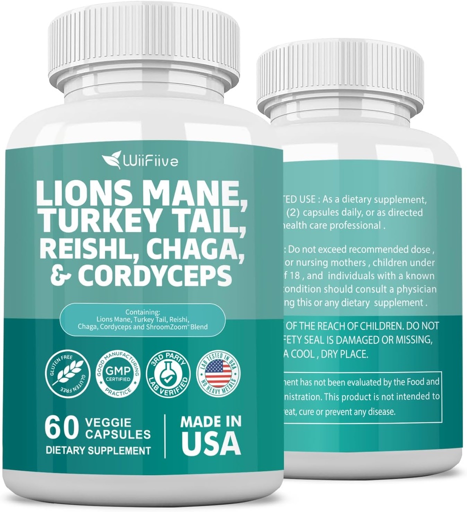 ライオンズマネ3000mgのトルコの尾3000mg Reishl 1000mgのChaga 1000mgのCordycepsの粉のエキスはMaitaakeのシイタケ黒い菌、豊富な補足、ミネラル補足、60のカプセルを含んでいます