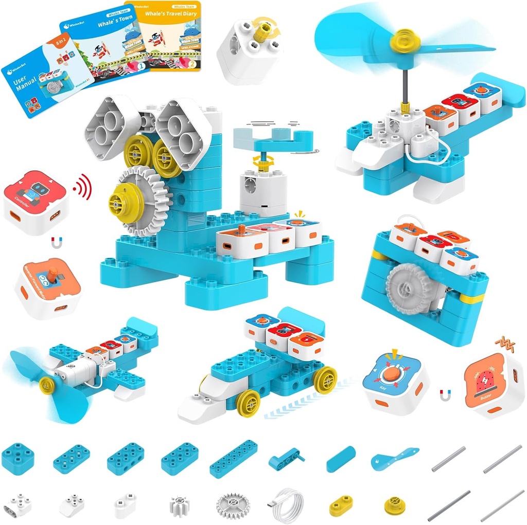 WhalesBot A1 子供のためのコーディング玩具、ビルディングブロックロボット、楽しいSTEM 磁気コントローラーおよびセンサー ブロックが付いているおもちゃ、子供3-6のための3つのガイドの本が付いているスクリーンなしのコーディング