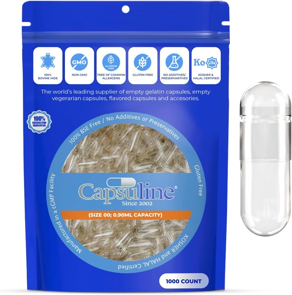 Capsuline Size 00 Separated Empty Gelatin Capsules, Clear - 1000 Count | Gluten Free, Kosher, Non-GMO Certified | Pure Bovine Pill Caps for DIY Supplement Filling