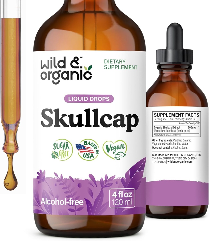 ワイルド&オーガニックSkullcapハーブTincture - 気分のサポートのためのSkullcapサプリメント - リラックス液体エキスドロップ - ビーガン、砂糖&アルコールフリー - 4 fl oz