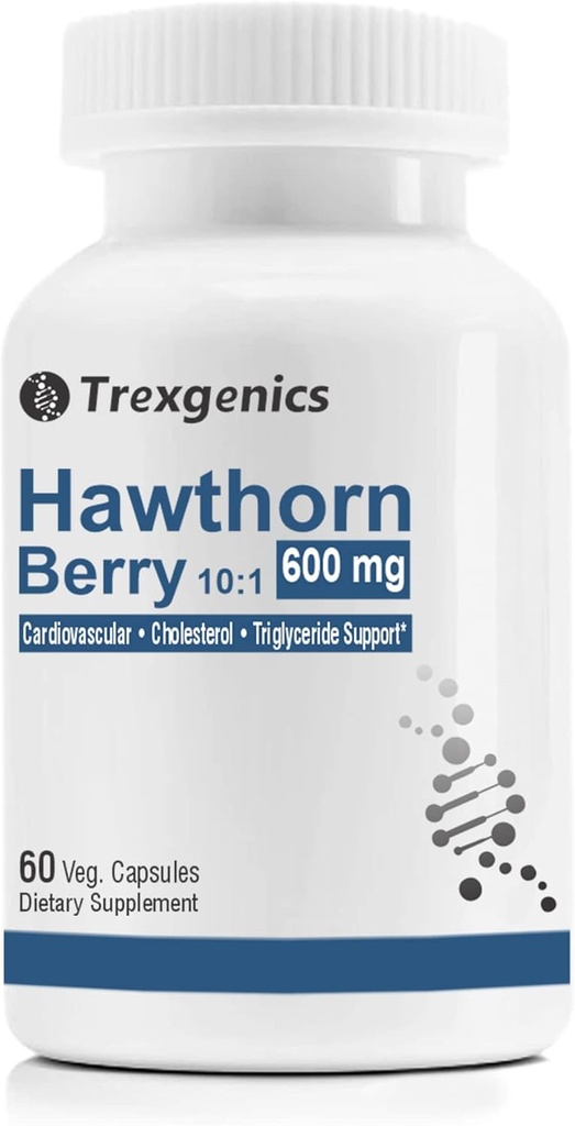 Trexgenics Hawthorn Berry 600 mg Cardiovascular, コレステロール, トリグリセリド, 血圧サポートビーガン&非GMO (60 Veg. カプセル) (パック 1)
