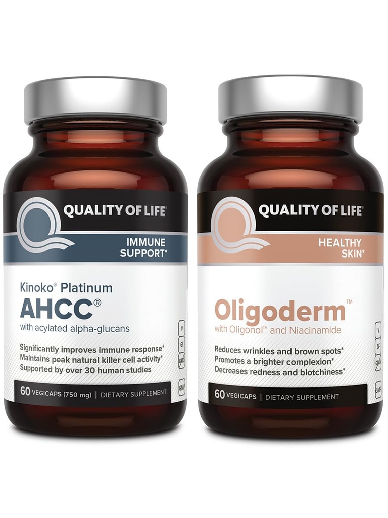 Oligonol Lycheeのエキスが付いているKinokoプラチナAHCCのきのこのエキスおよびOrigodermを特色にする生命の質-免疫サポート皮の健康の束