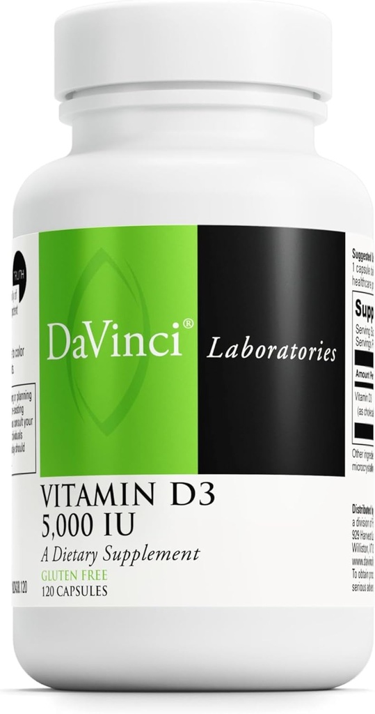 DAVINCI Labs Vitamin D3 5000 IU - Dietary Supplement to Support Healthy Teeth and Bones, Cardiovascular Function, and Immune Health* - with 5000 IU per Serving - Gluten-Free - 120 Capsules