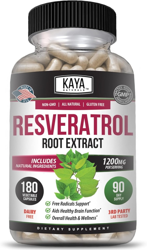 Kaya Naturals - Resveratrolカプセル - アンチエイジングサプリメント - 脳サポートと抗酸化剤 - 最大の利点 - 180 ベジギーカプセル