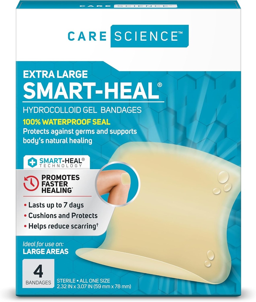 ケアサイエンス スマート Heal Hydrocolloid、大、2.3 in x 3 in、4CT | 100%防水シール ヒーリングを促進し、スカーリングを削減