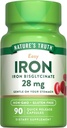 Nature's Truth Iron Supplement for Women & Men | 28 mg | 90 Capsules | Iron Bisglycinate | Non-GMO, Gluten Free