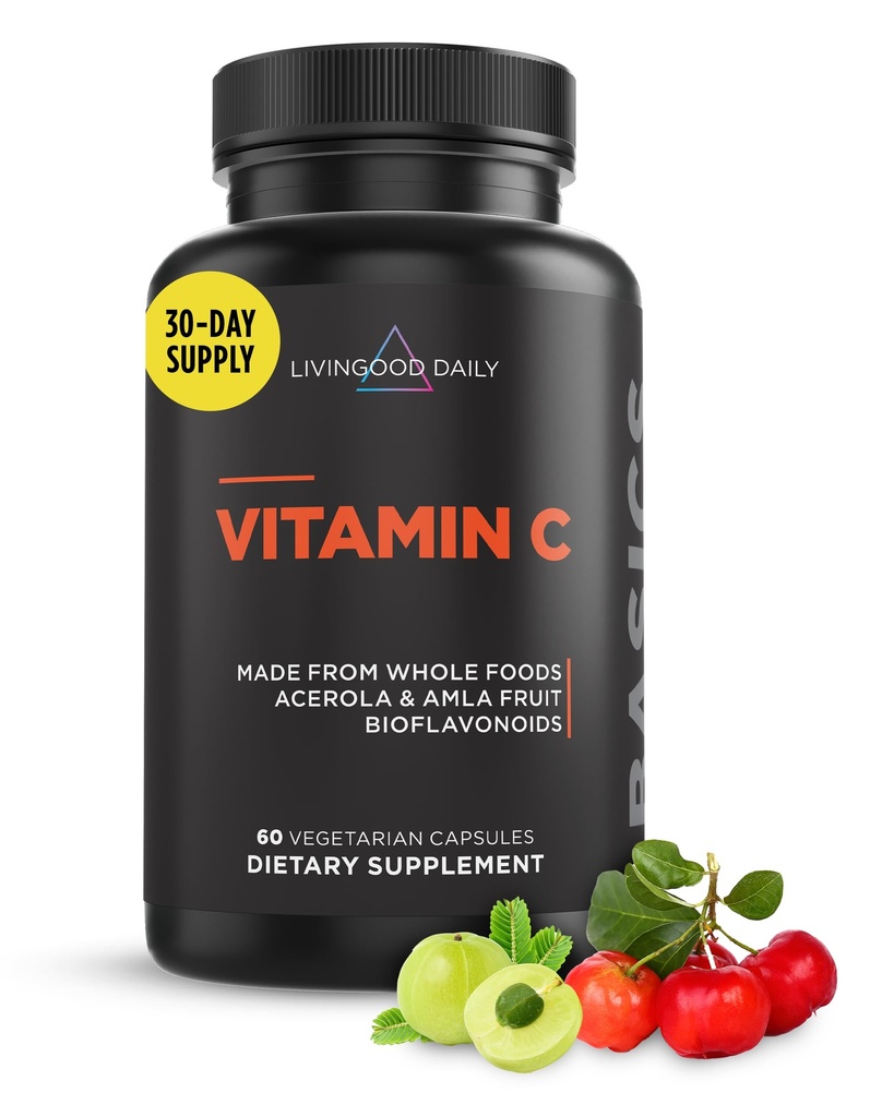 Livingood毎日のビタミンCサプリメント、Acerola&AmlaフルーツエキスとCitrus Bioflavonoids for Immuneサポート、ビーガン、グルテンフリー、非GMO、60カプセル