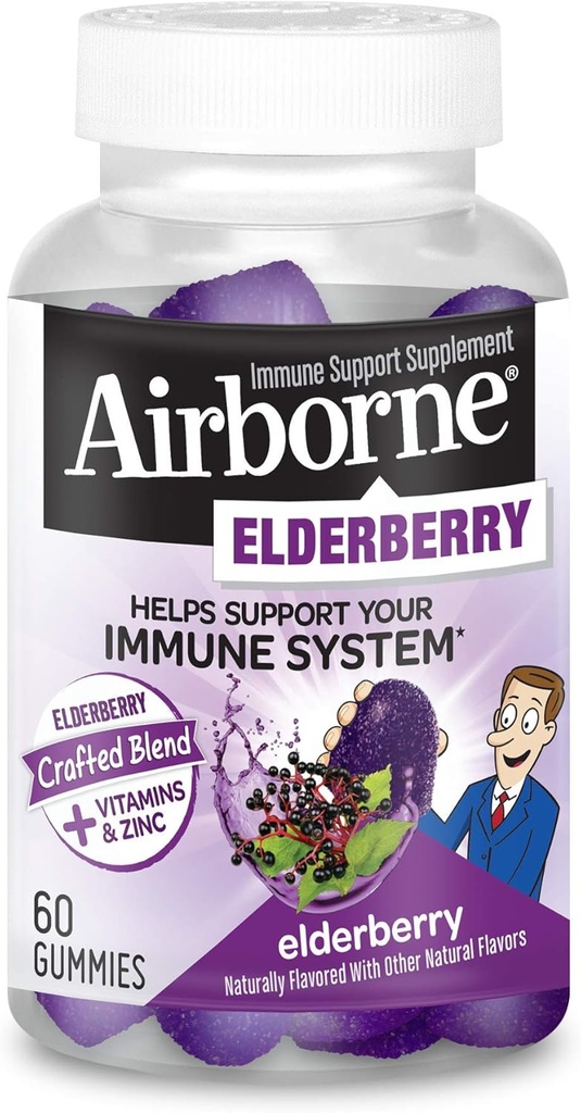 大人のためのAirborneのElderberry +亜鉛及びビタミンCのガミー、免疫サポート ビタミンD及び強力な酸化防止ビタミンC D及びE - 60のガミー、Elderberryの味