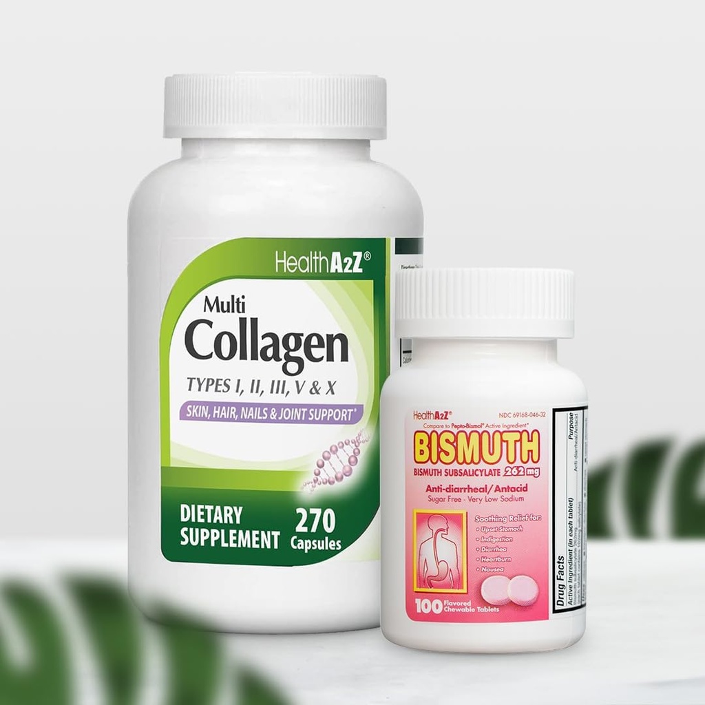 HealthA2Z® メガセービングバンドル - Bismuth Subsalicylate 262mg (100錠) & マルチコラーゲンピル, 1735 mg (270 コラーゲンカプセル)