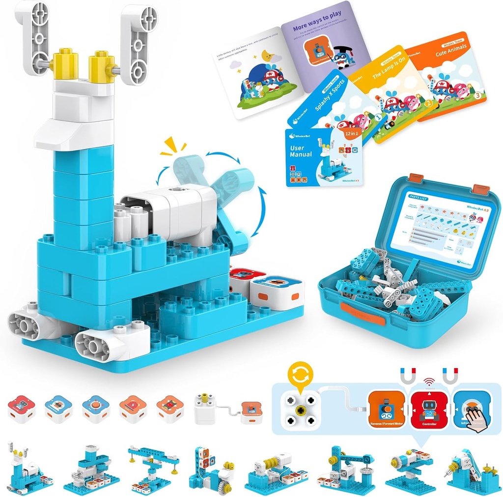 WhalesBot A3 12-in-1 STEMブロック子供用コーディングロボットキット、61-ピース教育ビルセットインタラクティブストーリーテリング、男の子&女子年齢のための理想的なおもちゃギフト 3-6