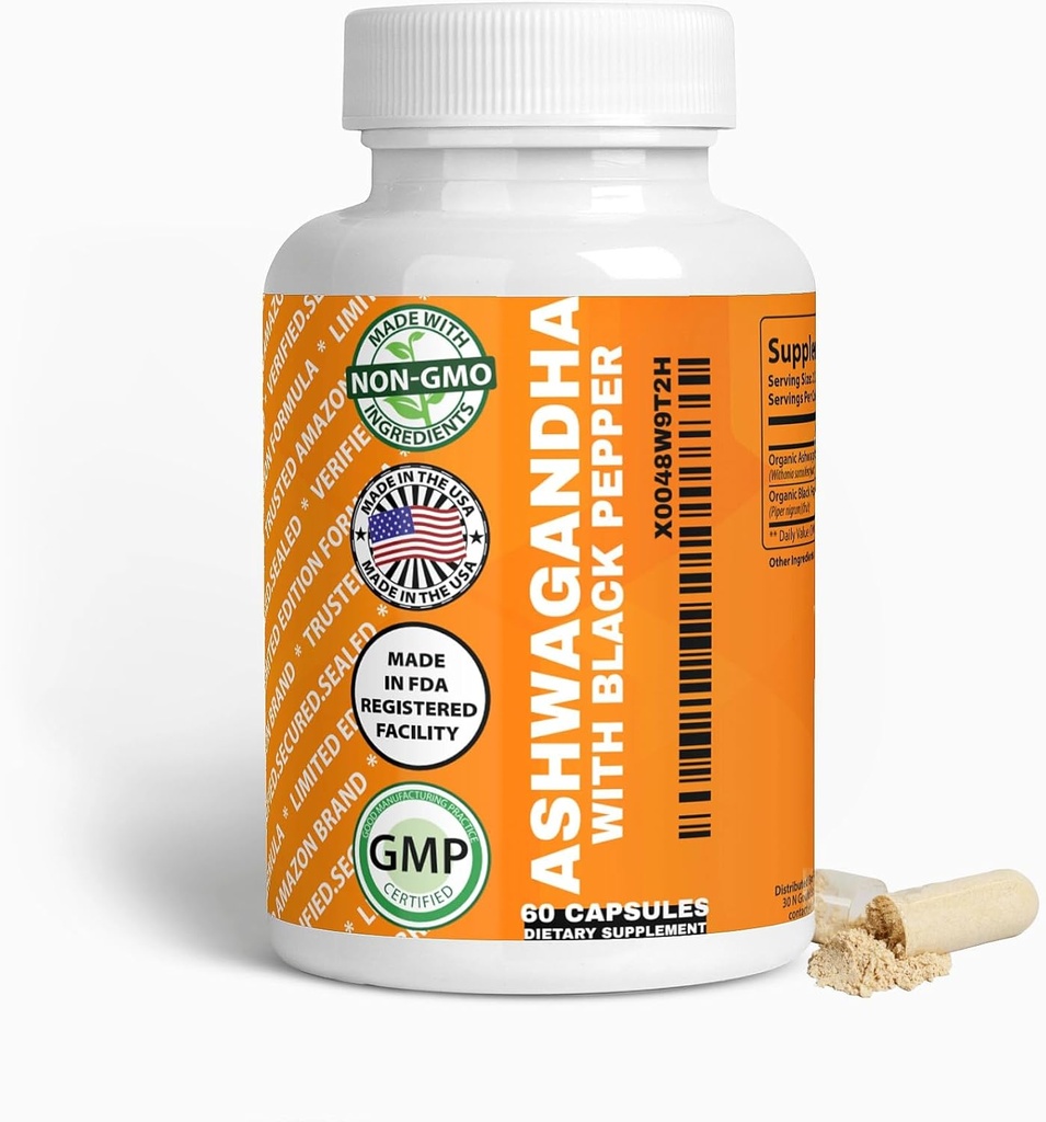 一般的な有機アシュワガンダ&ブラックペッパーカプセル、1300mg&10mg、60カウント、ブースト免疫&気分ナチュラル