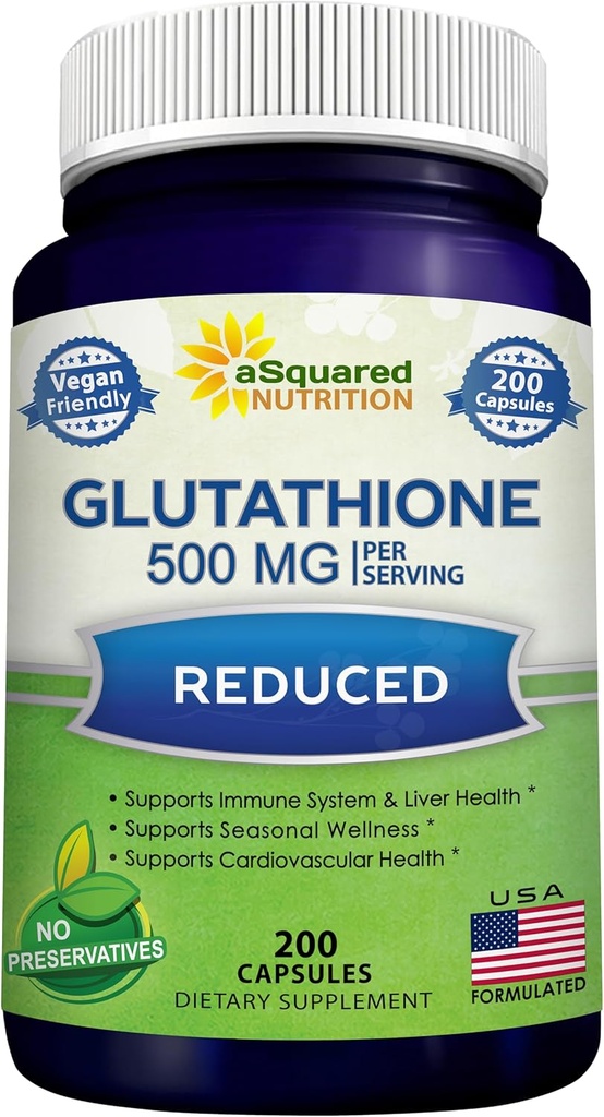 asquaredの栄養はサービングの補足-200のカプセルごとのGlutathione 500mgを-L-Glutathioneの酸化防止剤減らしました肝臓の健康及び解毒を支える-免疫及び頭脳機能を助ける最高の強さの粉の丸薬