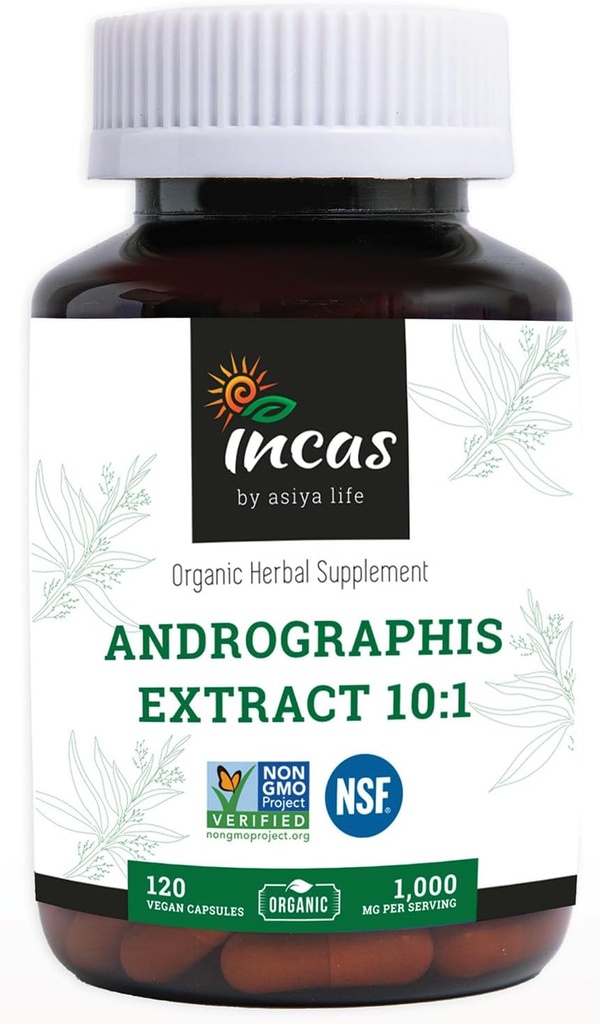 Incas Andrographisのカプセルの最高のAndrographides - 1,000mgのサービングのサイズ(120のカプセル) - NSFによって確認される免疫システム健康及び非GMOのために臨床的にスタディされる