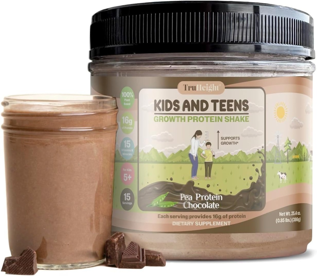 TruHeight Growth Protein Shake (Chocolate Milk Flavor, Plant) Natural Growth & Development Protein Powder for Kids & Teens - Weight Gain Drinks, Endorsed by Pediatricians, Picky Eater Vitamin, Ages 5+