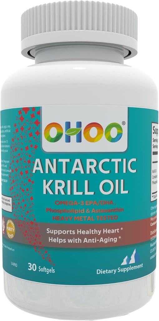 OHOOのAntarcticのKrillオイル500mg Omega-3 EPA及びDHAの補足、Phopholipids、酸化防止アスタキサンチン、魚のAftertaste、30のSoftgels無しの健康な中心および反老化の補足を支えて下さい