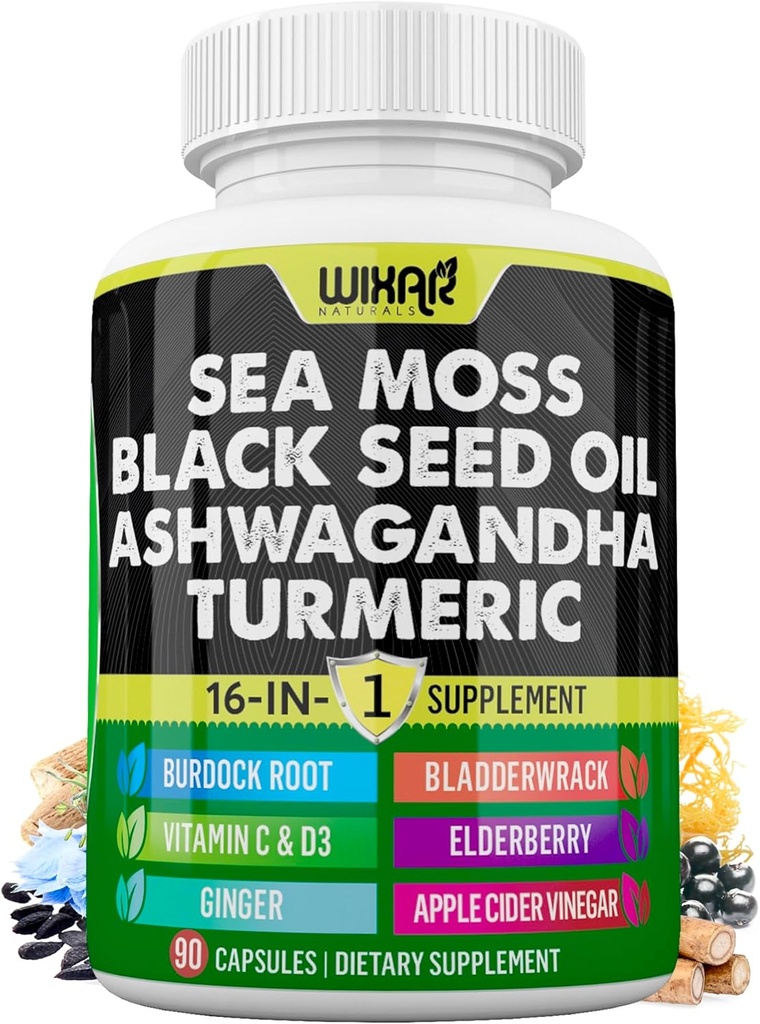 Wixar海苔3000mgの黒の種のオイル2000mgのAshwagandha 1000mgのTurmeric 1000mg Bladderwrack 1000mgのBurdock 1000mg及びElderberry Dandelionの黄色いドックのChlorophyll ACV - 90のカプセルとのビタミンC及びD3