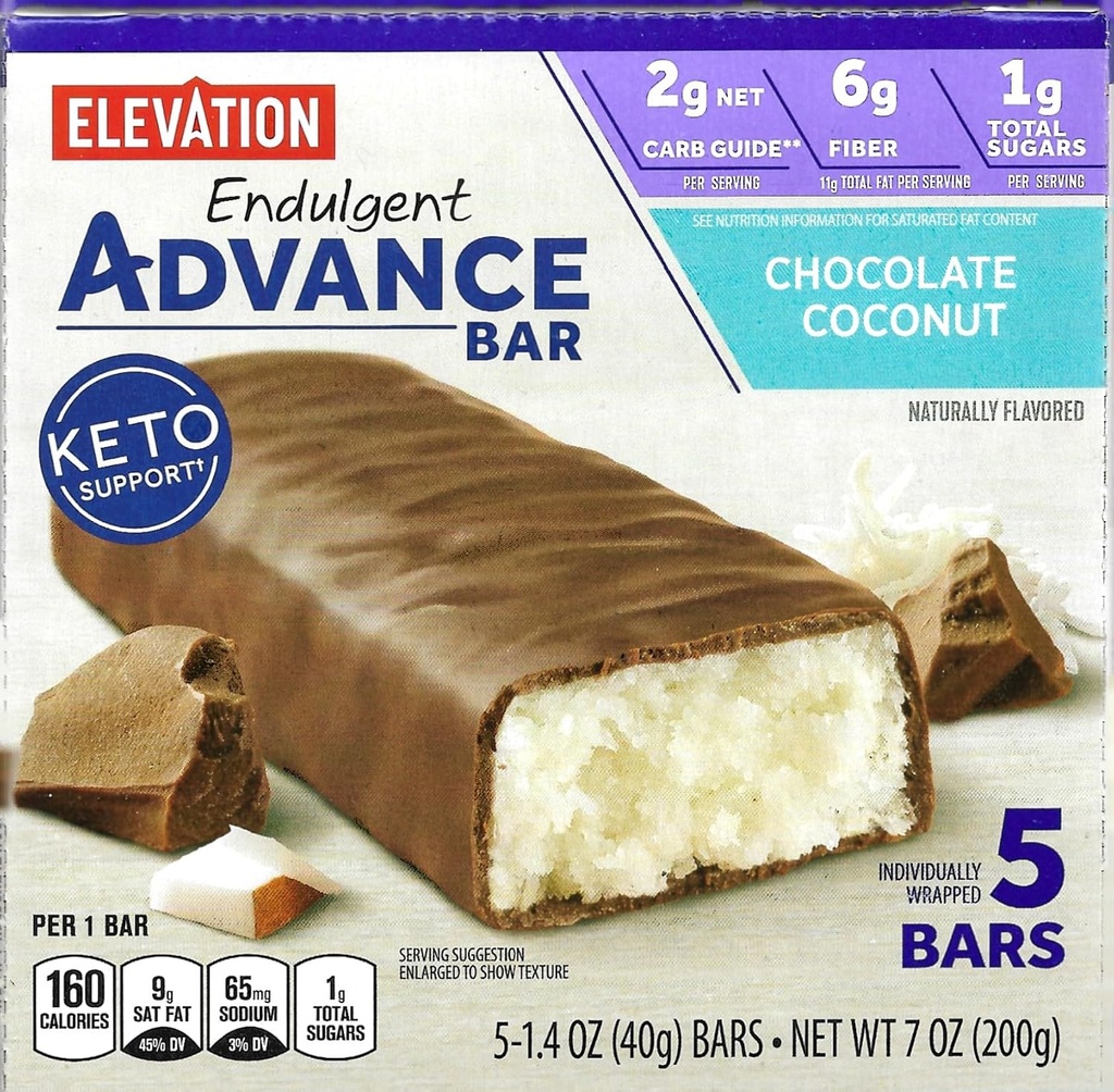 Millville Elevation Advanceチョコレートココナッツバー、炭水化物コンシャス、5gタンパク質、レシピ付き。 5の1箱、1.4ozの個人的に包まれた棒。束は2つの調理法、5つの棒を含んでいます。