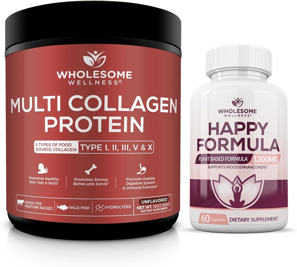Wholesome Wellness Multi Collagen Protein Powder Hydrolyzed (Type I II III V X) Happy Formula Natural Stress Formula Relief Supplement Bundle
