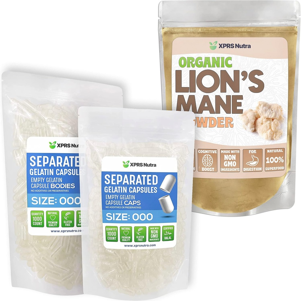 XPRS Nutra Separated Size 000 Capsules (1000 Count) with Lion's Mane Powder (8 Ounce) Bundle