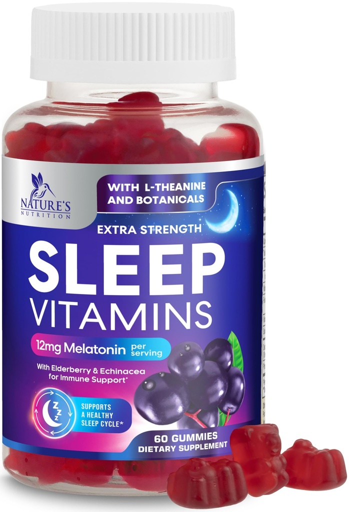 メラトニン12mgと眠るグミー - 余分な強さの睡眠ビタミンGummy、自然なメラトニンGummy、大人のための時事な睡眠サポートサプリメント、ビーガン、非GMO、ゴミタスパラドミール - 60グミー