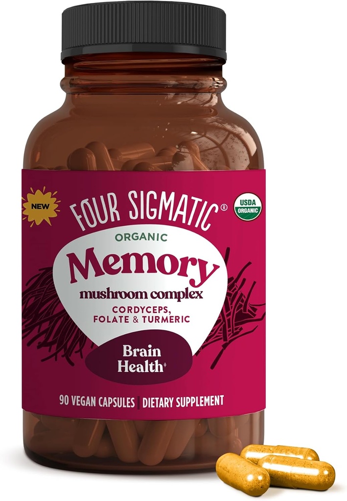 Four Sigmatic Memory Capsules | Reduce Brain Fog & Improve Memory | Nootropic Supplement for Brain Support with Cordyceps Mushroom, Gotu Kola, Turmeric, Ashwagandha & Folate | 30 Servings