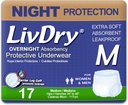 LivDry Adult M Incontinence Underwear, Overnight Comfort Absorbency, Leak Protection, Medium, 17-Pack