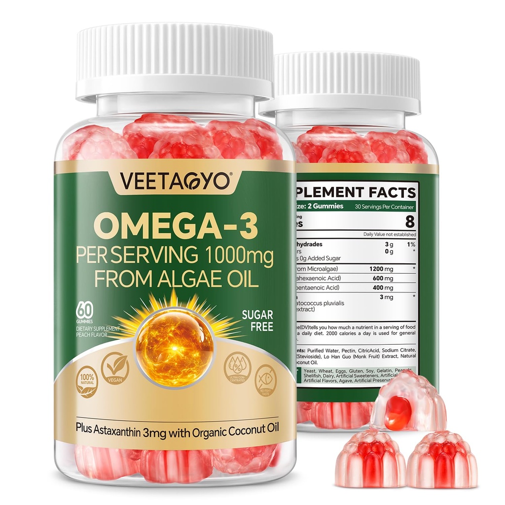 ビーガンオメガ3グミー1200mg - デュアルレイヤー - 魚油代替、マリン藻オメガ3サプリメントDHA 600mg、EPA 400mgとアスタキサンチン、砂糖無料、60Cts