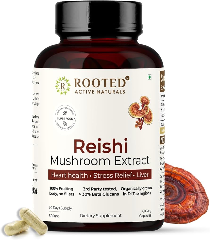ROOTED Reishiのきのこのエキスのカプセル(60のベジの帽子、500のmg) 中心の健康、圧力救助、肝臓。USDAの有機性、30%のベータ グルカン、証明された有機性