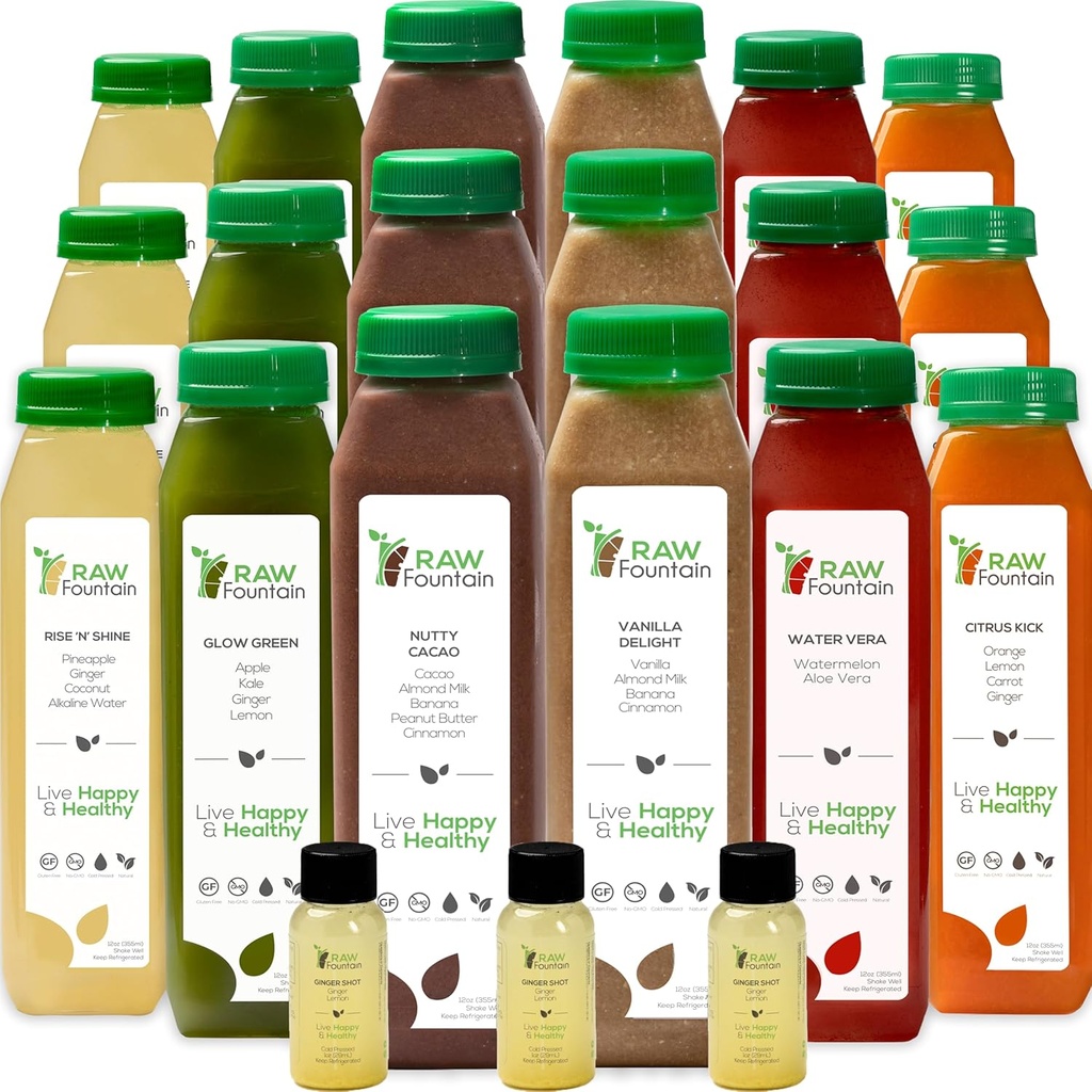 5 Day Protein Juice Cleanse by Raw Fountain, All Natural Raw Detox Cleanse, Cold Pressed Fruits, Vegetables, Vanilla and Chocolate Flavor, Tasty and Energizing, 30 Bottles 12oz, 3 Ginger Shots