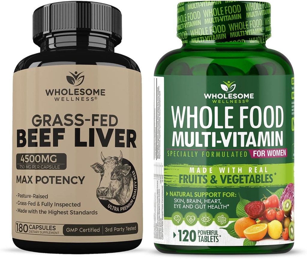 Grass Fed Desiccated Beef Liver Capsules (180 Pills, 750mg Each) + Whole Food Multivitamin for Women - Natural Multi Vitamins, Minerals, Organic Extracts Bundle