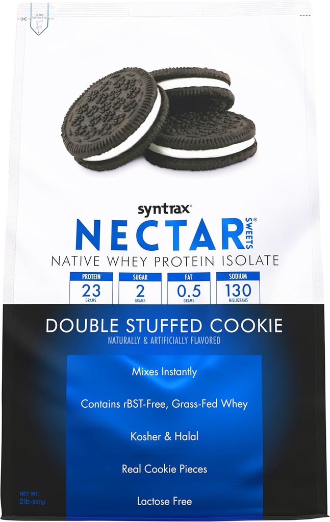 Syntrax Nutrition Nectar Sweets, 100% Whey Isolate Protein Powder, Double Stuffed Cookie, 2 lbs. w/Real Cookie Pieces.