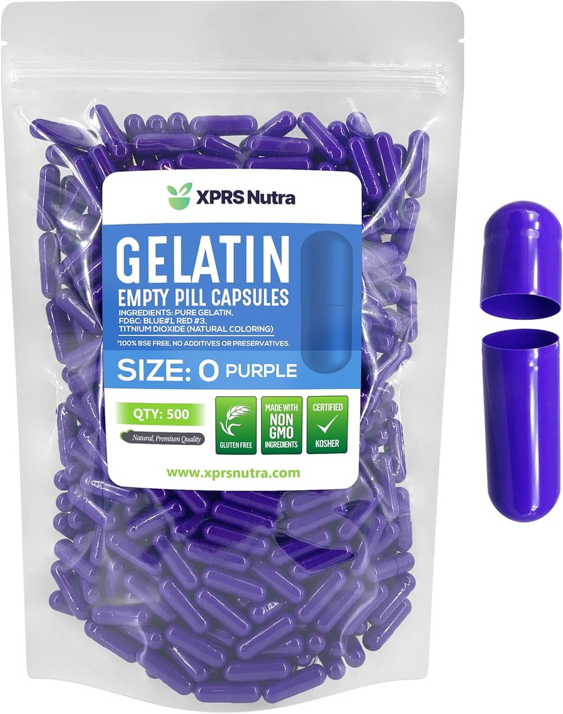XPRS Nutra Size 0 Empty Capsules - 500 Count Empty Gelatin Capsules - Pills DIY Capsule Filling - Pure Bovine Pill Gel Caps for Do-It-Yourself Supplements (Purple)
