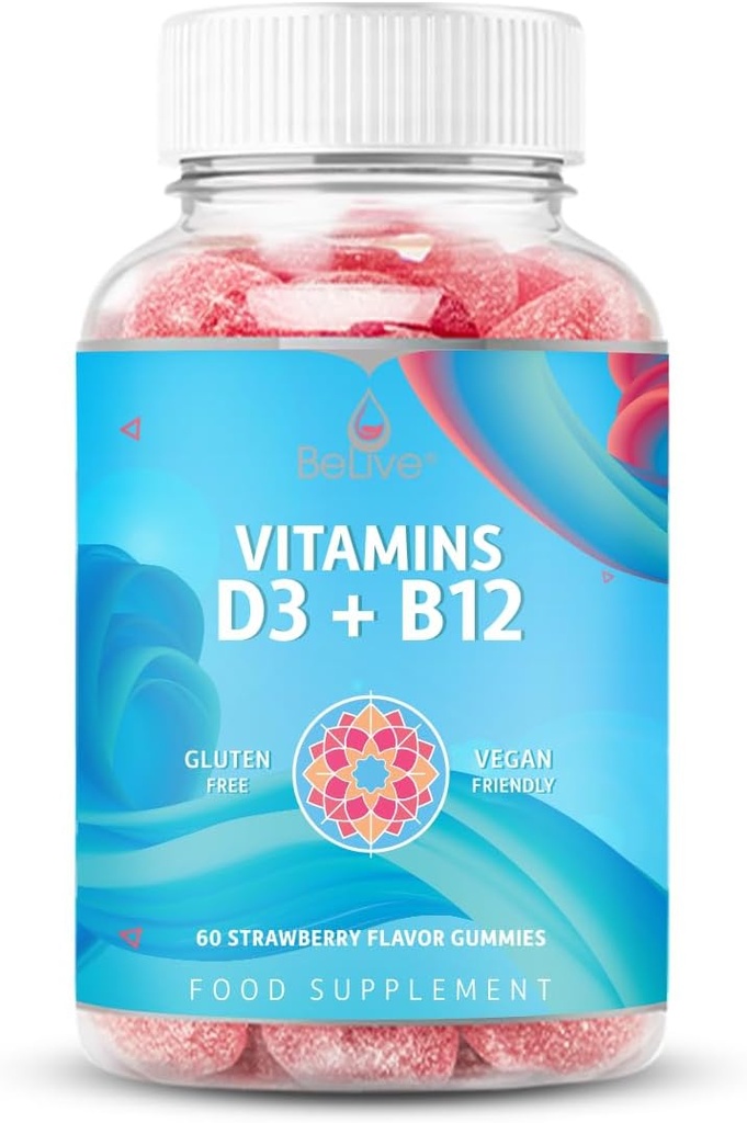BeLive Vitamin D3 Gummies with B12 Vitamins - 60 Ct I Immune Support Gummies with Vegan Vitamin B12 & D3, Provides Enhanced Bone & Muscle Strength, Hearth Health and Energy - Strawberry Flavor