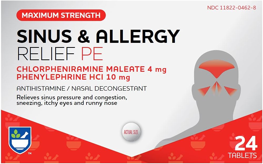 Rite Aid Sinus & AllergyリリーフPE錠、最大強度- 24カウント|AntihistamineとNasal Decongestant | 4時間のアレルギー薬 | アレルギーと輻輳救済