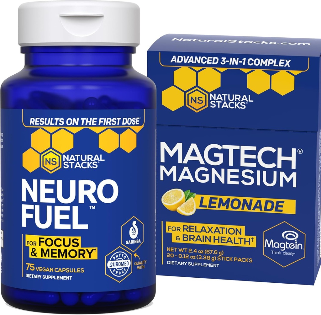 NATURAL STACKS MagTechのマグネシウムのLemonade + NeuroFuel Nootropicの束-サポート焦点及び頭脳の健康* - 45の合計のサービング