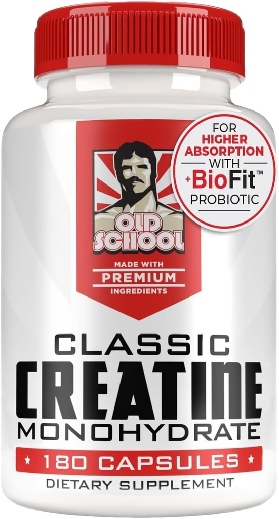 Old School Labs 5000mg Creatine Monohydrate Capsules With BioFit™ (Max Strength) Supports Muscle Growth & Recovery, Performance, Cognitive Health - Creatine Pills for Men & Women, Made in USA 180 Caps