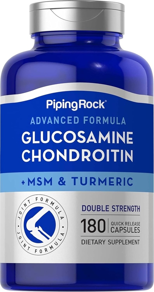 Piping Rock Glucosamine Chondroitin MSM and Turmeric | 180 Capsules | Complex Supplement | Advanced Double Strength Formula | Non-GMO, Gluten Free
