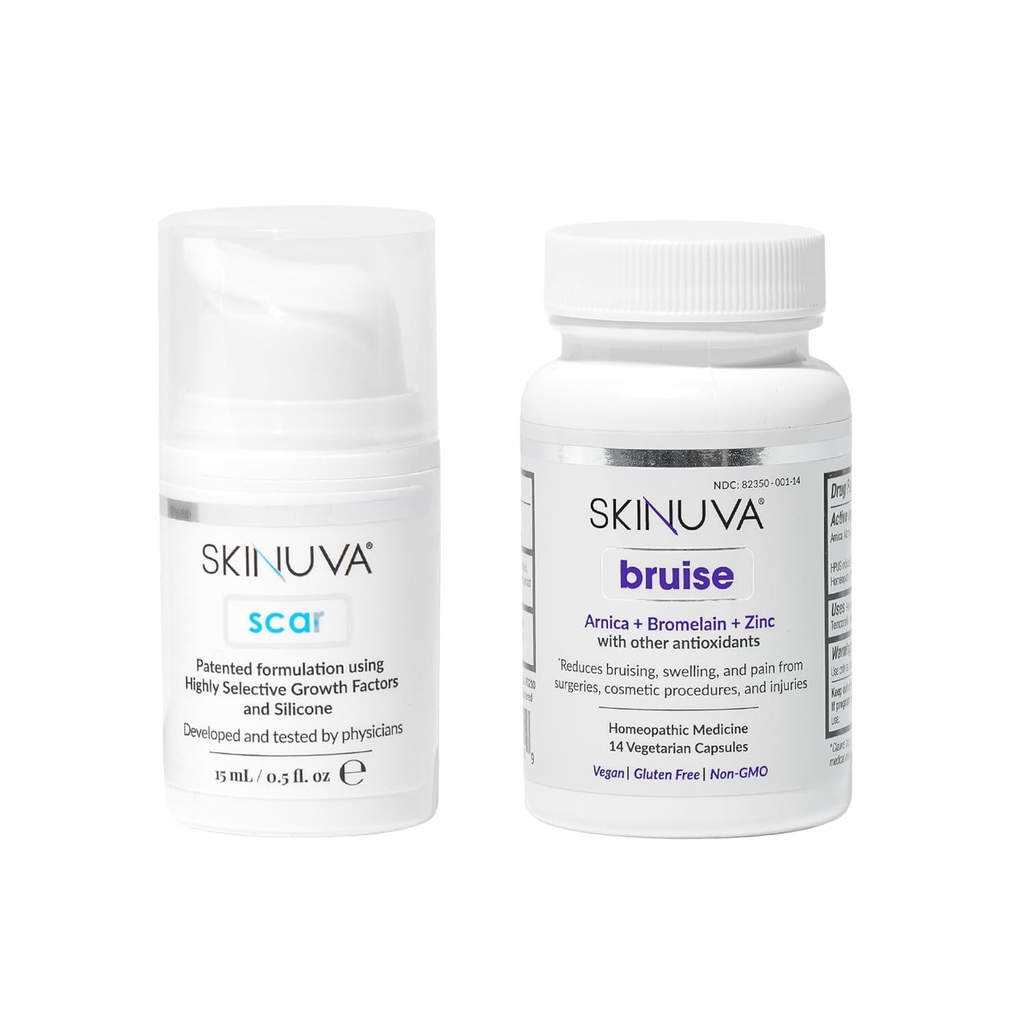 Skinuva® スカー (0.5 oz) & ブルース (14 カプセル) - 成長因子と配合された高度なシリコーン クリーム & Arnica、Bromelain ・亜鉛で配合されたホメオパシーのブルース治療
