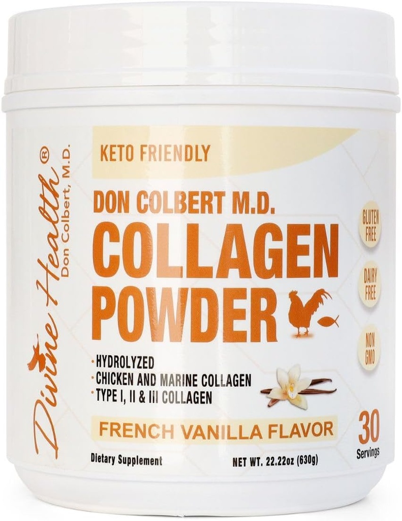 Dr. Colbert, MD Hydrolyzed Collagen Powder | Vanilla Flavor | by Divine Health | Type I, II, III Chicken & Marine Collagen Peptides | Support Hair, Skin, Nails & Joints | 630g | 30 Servings