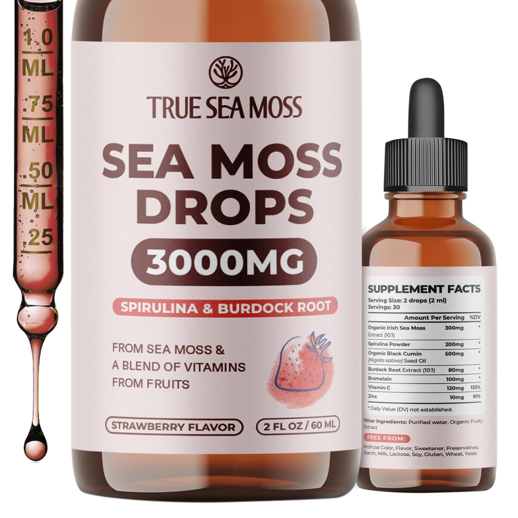 TrueSeaMosss アイルランド海苔ドロップ - 5X より強いより海の苔ゲル - 92+ エッセンシャルミネラル - スピルリナパウダー、ブルドックルート&ブラッククミン - 2 Flオズ(60ml) - イチゴフレーバー