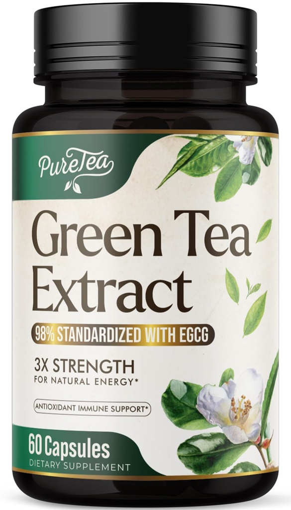 緑茶エキスは45% EGCGの1000mgを及び酸化防止剤との中心サポートのための98%のポリフェノール-天然エネルギーのための3X吸収性の緑茶の丸薬の補足、穏やかなカフェイン- 60のカプセルに入れます