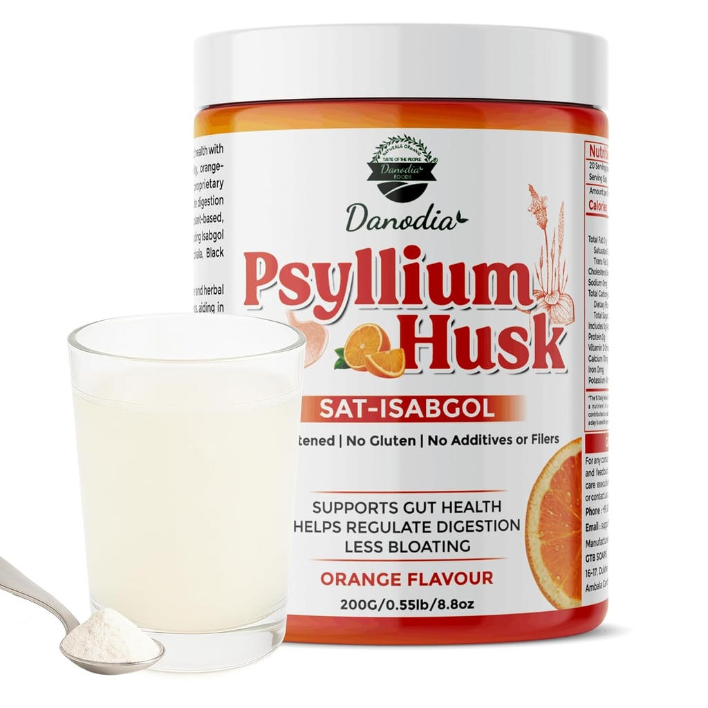 Danodia Foods Organic Psyllium Husk Powder Mild Orange Flavor, 200g (8.8oz) | 土・イサブゴル 5枚追加ハーブ | 甘味、グルテンフリー、消化の健康のための天然繊維サプリメント