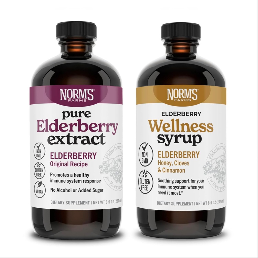 Norm's Farms Elderberry Extract & Wellness Syrup Bundle 2 PK - 子供のための免疫サポート エルダーベリー シロップ - アメリカ製、純粋な、強力な天然成分、ビーガン、グルテンフリー、非GMO - 8 Oz