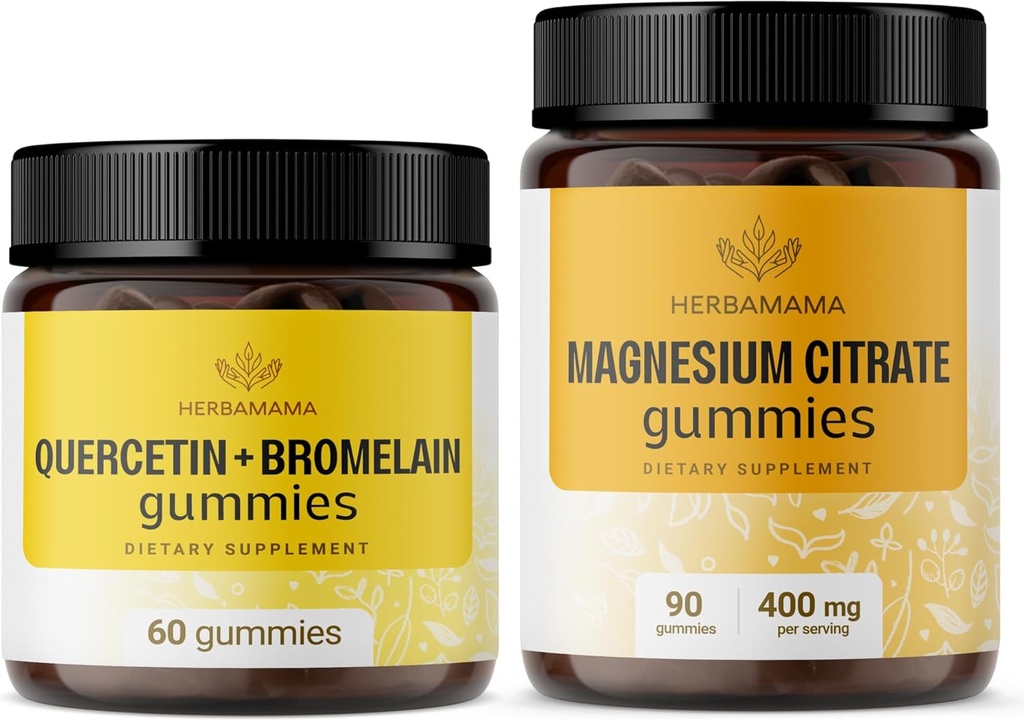 HERBAMAMAのケルセチンおよびマグネシウムのグミーのキット-Bromelainおよび400のmgのマグネシウムのクエン酸塩のグミーとの800のmg Quercetinの束-ビーガン、非GMOのゼラチンなし- 2のパック