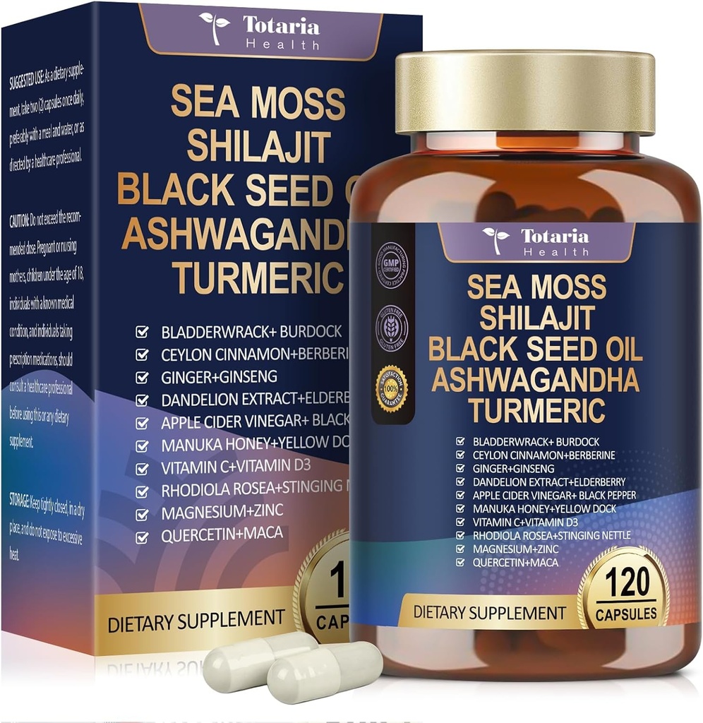 25-in-1 Sea Moss Black Seed Oil Ashwagandha Ginger Shilajit Supplement, Sea Moss Capsules Pro with Bladder Burdock Ceylon Cinnamon Berberine ACV Manuka VIT C & D3 for Men Women, 120 Vegan Caps