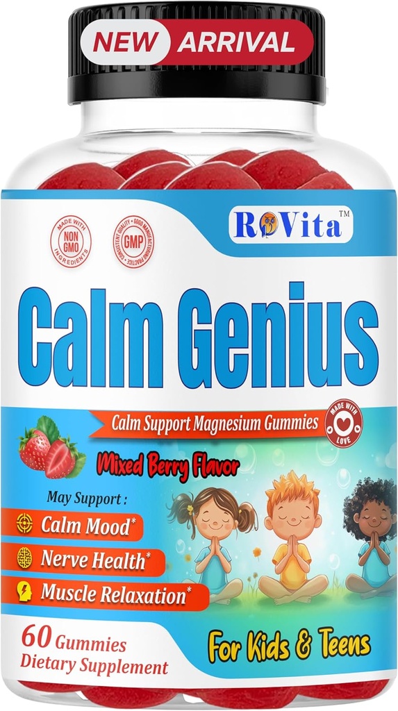 Calm Geniusキッズマグネシウムグミー - 子供のためのカルム&リラクゼーションサプリメント - 睡眠、骨の健康と筋肉をサポート - マグネシウムクエン酸塩グミー - 60カウント、2ヶ月の供給