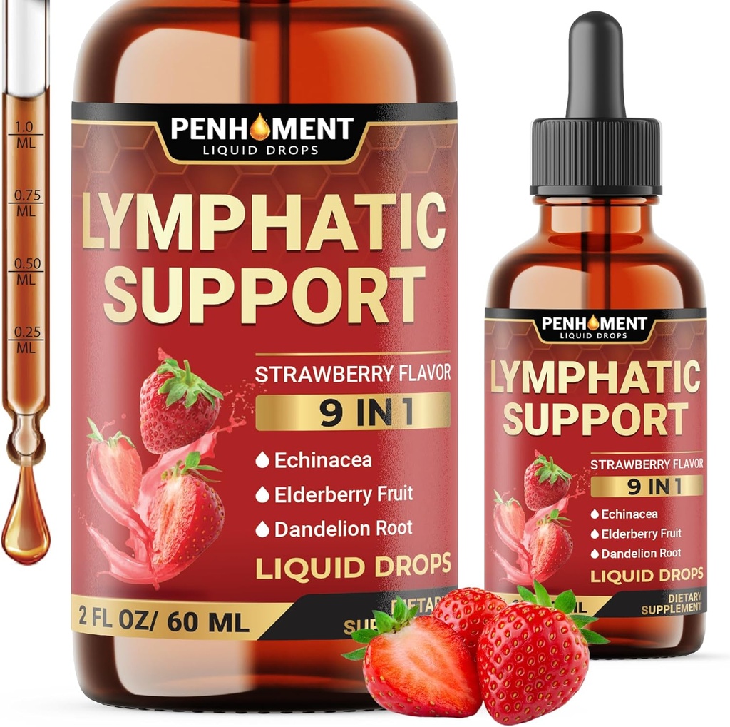 9in1 Lymphatic Drainage Drops Supplement - Echinacea | Elderberry | Dandelion | Rosehip | Cleavers | Calendula | Burdock - Lymph System Liquid Extract - Immune, Cleansing - 2 Fl Oz - 60 Days