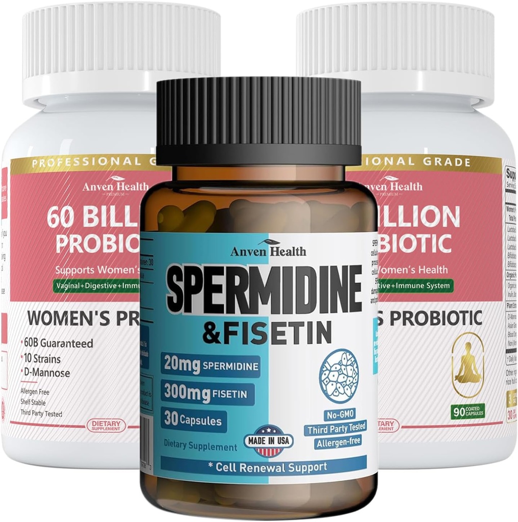 Wellness Bundle: 2 Bottles of Women’s Probiotics + 1 Bottle of Spermidine & Fisetin – Digestive Health, Cellular Renewal & Anti-Aging Support for Women