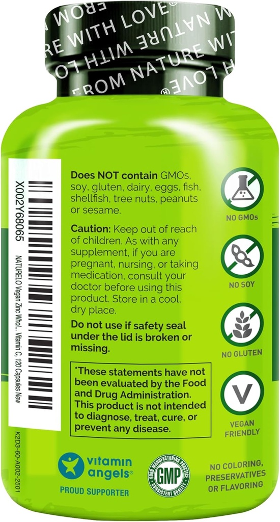 NATURELOビーガン亜鉛免疫サポートカプセル - 健康な肌、髪、爪のためのビタミンCと全体の食品複合体 - 120カプセル